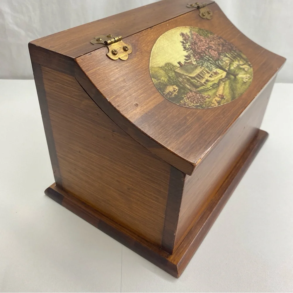 Vintage solid wood brass hinge counter storage keepsake box Currier & Ives inla